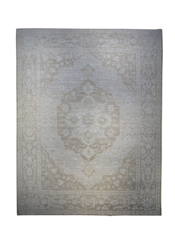 A29915 Oriental Rug Pakistani Handmade Area Transitional Neutral 8'12'' x 11'7'' -9x12- Whites Beige Blue Silver Wash Oushak Floral Design