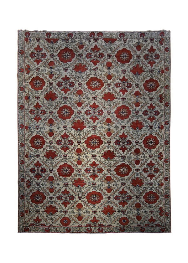 A29952 Oriental Rug Pakistani Handmade Area Transitional 9'3'' x 12'4'' -9x12- Whites Beige Red Serapi Geometric Design