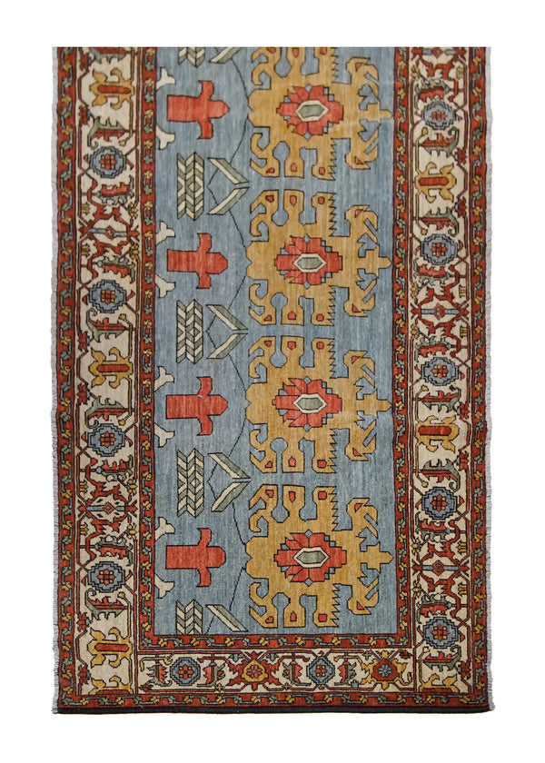 A29963 Oriental Rug Pakistani Handmade Runner Transitional Tribal 3'5'' x 8'5'' -3x8- Blue Whites Beige Yellow Gold Serapi Geometric Design