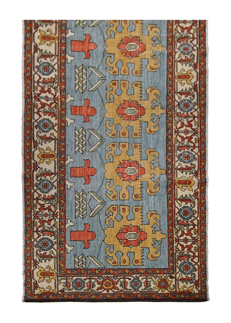 A29963 Oriental Rug Pakistani Handmade Runner Transitional Tribal 3'5'' x 8'5'' -3x8- Blue Whites Beige Yellow Gold Serapi Geometric Design