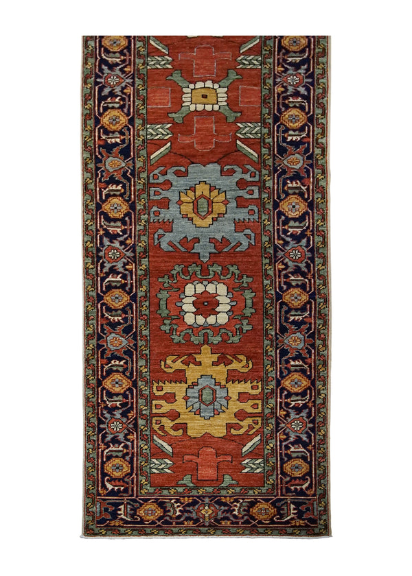 A29971 Oriental Rug Pakistani Handmade Runner Transitional Tribal 2'9'' x 10'5'' -3x10- Red Green Serapi Geometric Design
