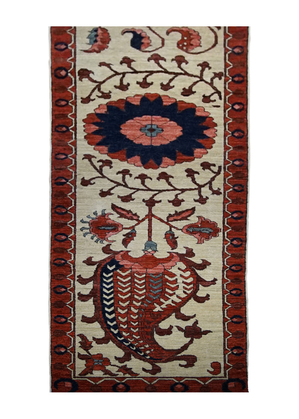 A29978 Oriental Rug Pakistani Handmade Runner Transitional Tribal 2'7'' x 9'10'' -3x10- Whites Beige Red Serapi Geometric Design