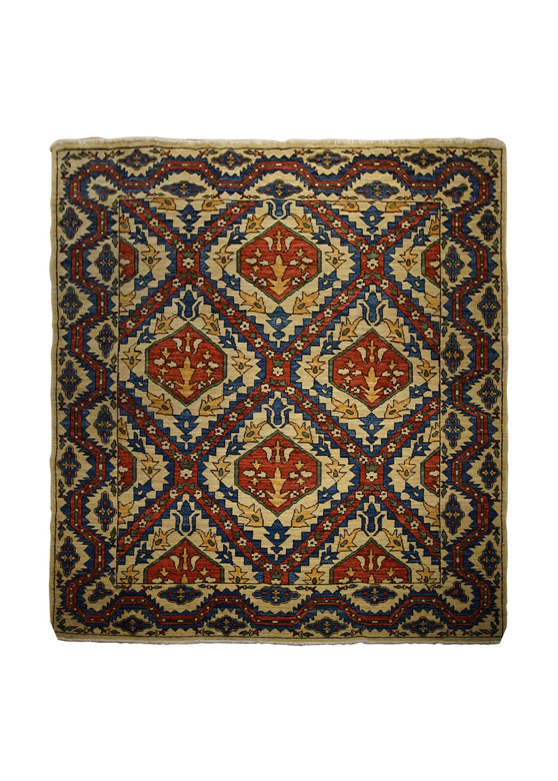 A29982 Oriental Rug Pakistani Handmade Area Transitional Tribal 5'2'' x 5'7'' -5x6- Whites Beige Blue Red Samarkand Geometric Design