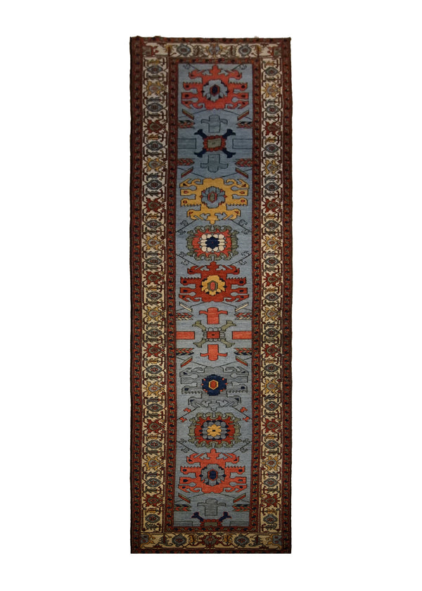A29989 Oriental Rug Pakistani Handmade Runner Transitional Tribal 3'4'' x 15'9'' -3x16- Blue Whites Beige Serapi Geometric Design