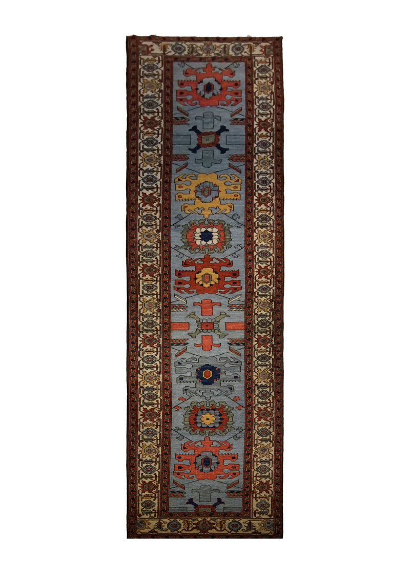 A29989 Oriental Rug Pakistani Handmade Runner Transitional Tribal 3'4'' x 15'9'' -3x16- Blue Whites Beige Serapi Geometric Design