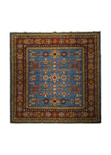 A30036 Oriental Rug Pakistani Handmade Square Transitional Tribal 6'4'' x 6'6'' -6x7- Blue Yellow Gold Kazak Geometric Design