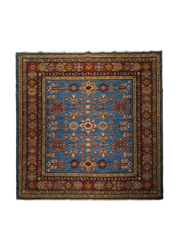 A30036 Oriental Rug Pakistani Handmade Square Transitional Tribal 6'4'' x 6'6'' -6x7- Blue Yellow Gold Kazak Geometric Design