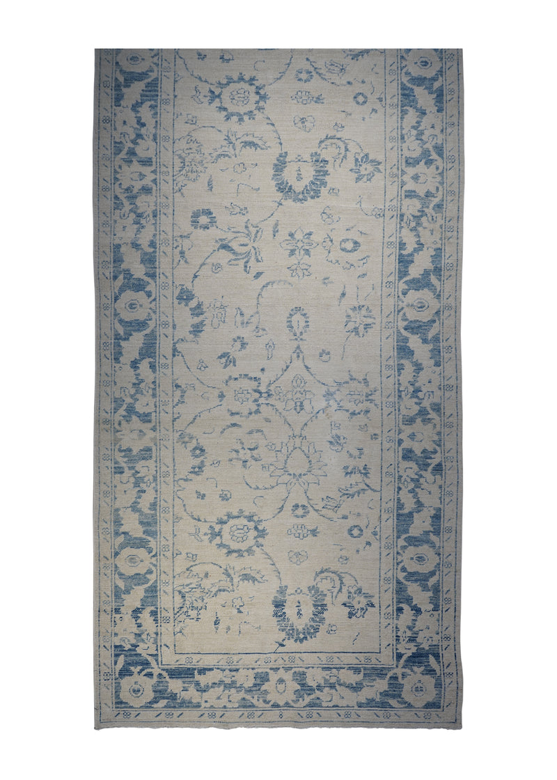 A30093 Oriental Rug Pakistani Handmade Runner Transitional Neutral 4'4'' x 11'9'' -4x12- Whites Beige Blue Silver Wash Oushak Floral Design