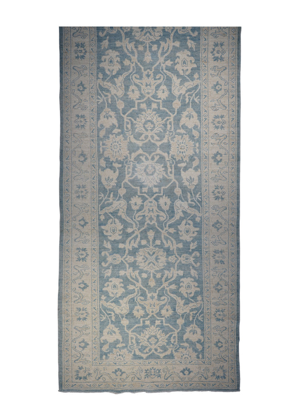 A30099 Oriental Rug Pakistani Handmade Runner Transitional Neutral 4'2'' x 10'7'' -4x11- Blue Whites Beige Silver Wash Oushak Floral Design
