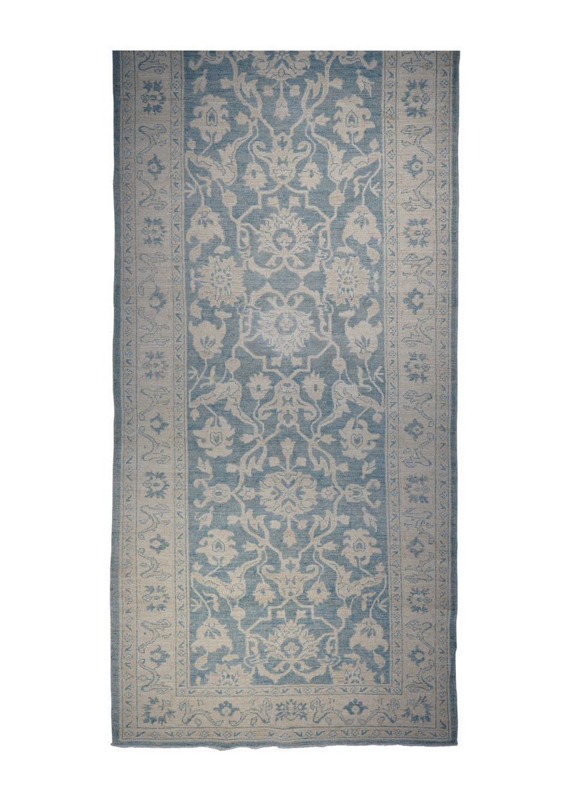 A30099 Oriental Rug Pakistani Handmade Runner Transitional Neutral 4'2'' x 10'7'' -4x11- Blue Whites Beige Silver Wash Oushak Floral Design