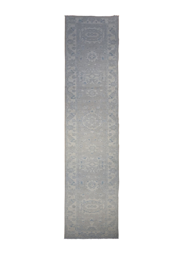 A30109 Oriental Rug Pakistani Handmade Runner Transitional Neutral 2'2'' x 12'11'' -2x13- Gray Whites Beige Blue Silver Wash Oushak Floral Design