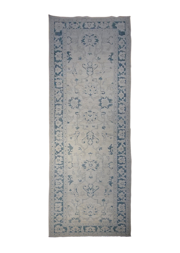 A30121 Oriental Rug Pakistani Handmade Runner Transitional Neutral 3'2'' x 11'8'' -3x12- Whites Beige Blue Silver Wash Oushak Floral Design