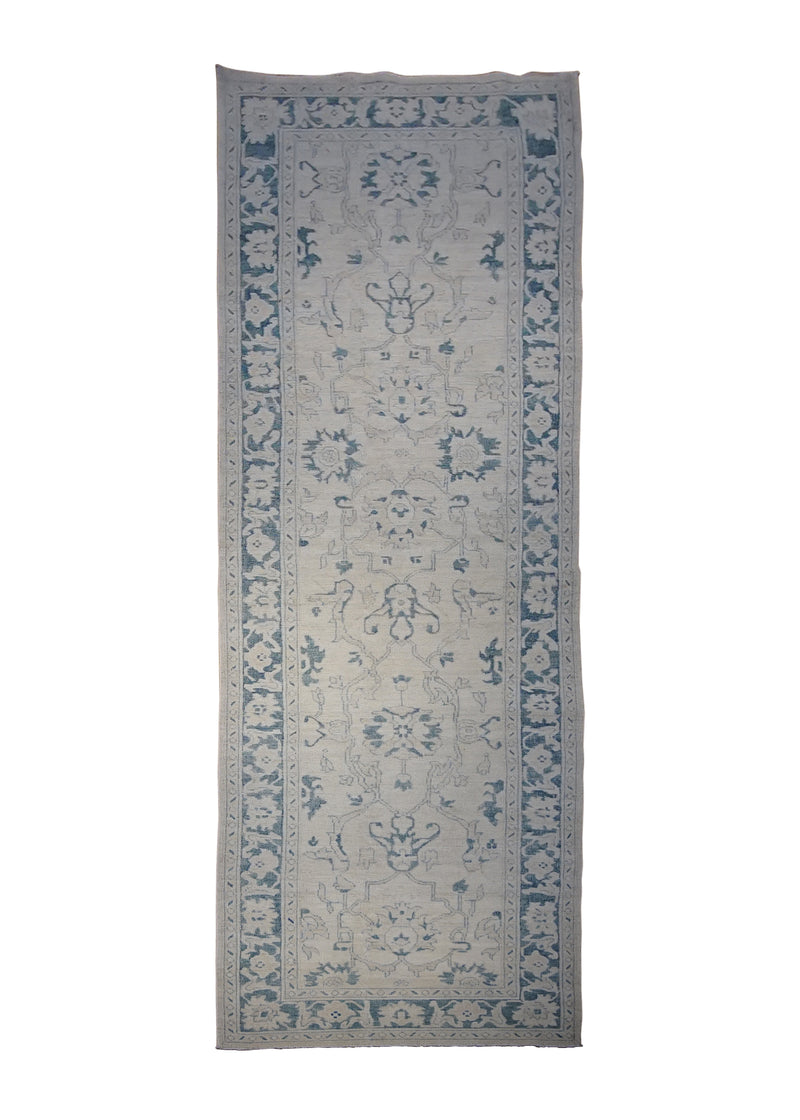 A30121 Oriental Rug Pakistani Handmade Runner Transitional Neutral 3'2'' x 11'8'' -3x12- Whites Beige Blue Silver Wash Oushak Floral Design