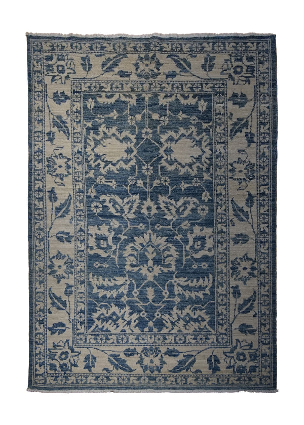 A30138 Oriental Rug Pakistani Handmade Area Transitional Neutral 4'4'' x 6'9'' -4x7- Blue Whites Beige Silver Wash Oushak Floral Design
