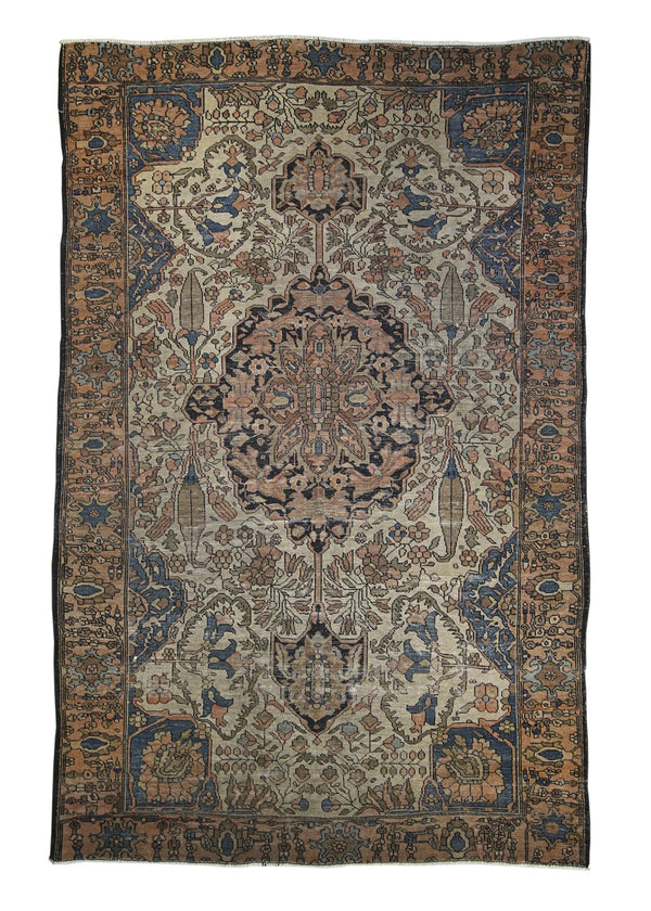 A30153 Persian Rug Sarouk Handmade Area Traditional Antique 4'1'' x 6'2'' -4x6- Whites Beige Pink Blue Floral Design
