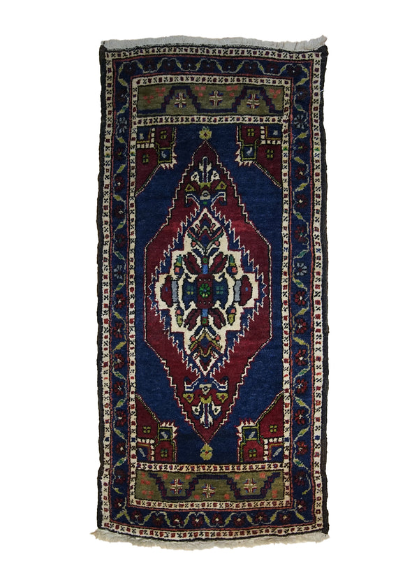 A30175 Oriental Rug Turkish Handmade Area Tribal 1'10'' x 3'11'' -2x4- Blue Red Yastik Geometric Design