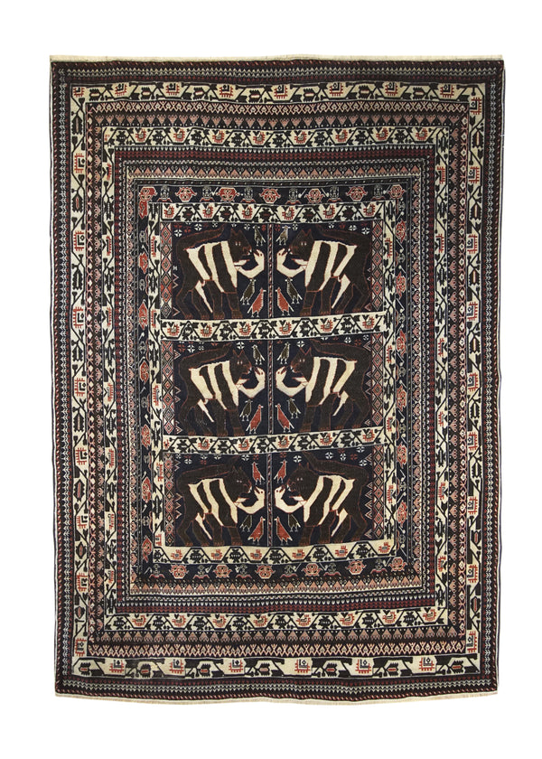 A30188 Oriental Rug Afghan Handmade Area Tribal 4'3'' x 6'1'' -4x6- Blue Whites Beige Pictorial Design