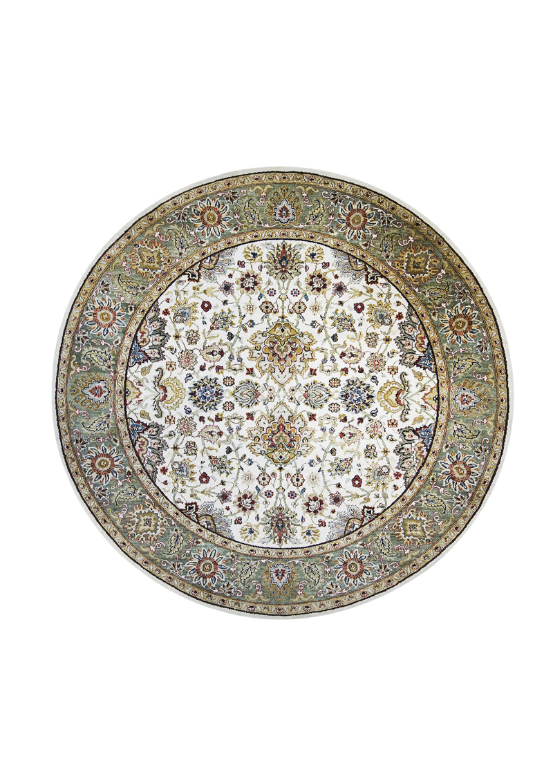 A30399 Oriental Rug Indian Handmade Round Transitional 5'12'' x 6'0'' -6x6- Whites Beige Green Tea Washed Floral Design
