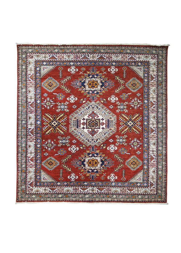 A30412 Oriental Rug Pakistani Handmade Square Transitional Tribal 5'11'' x 6'5'' -6x6- Red Kazak Geometric Design
