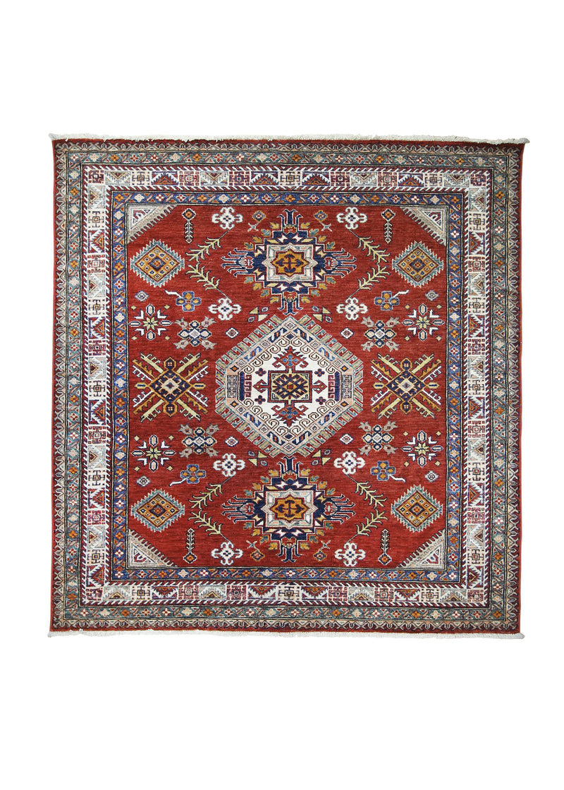 A30412 Oriental Rug Pakistani Handmade Square Transitional Tribal 5'11'' x 6'5'' -6x6- Red Kazak Geometric Design