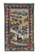 A30415 Persian Rug Kashan Handmade Area Traditional Antique 4'3'' x 6'5'' -4x6- Multi-color Blue Green Pictorial Design