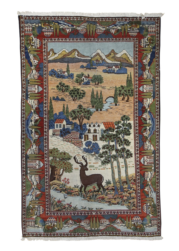 A30415 Persian Rug Kashan Handmade Area Traditional Antique 4'3'' x 6'5'' -4x6- Multi-color Blue Green Pictorial Design