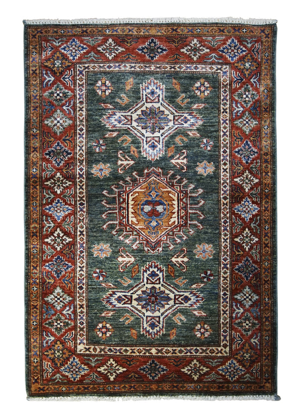 A30420 Oriental Rug Pakistani Handmade Area Transitional Tribal 2'9'' x 4'0'' -3x4- Green Red Kazak Geometric Design
