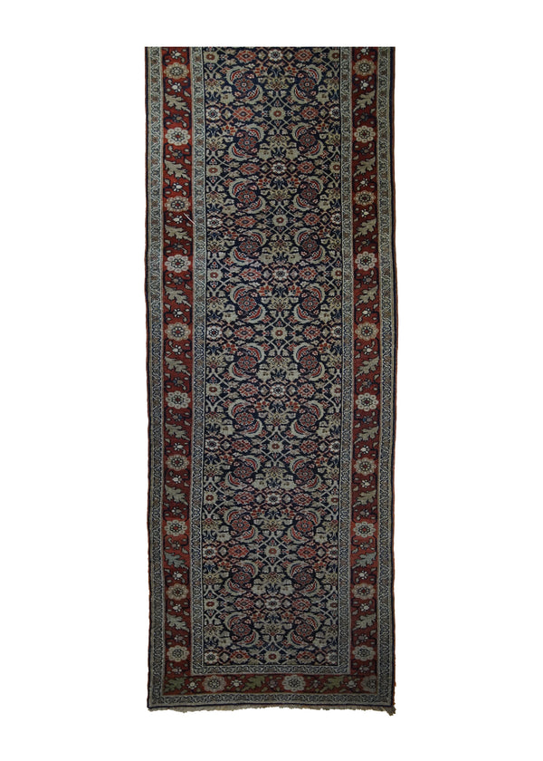 A30448 Persian Rug Bijar Handmade Runner Traditional Antique 3'0'' x 15'2'' -3x15- Blue Red Green Geometric Herati Design