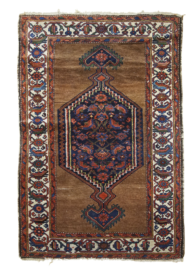 A30451 Persian Rug Saraband Handmade Area Tribal Antique 4'3'' x 6'7'' -4x7- Brown Red Geometric Design