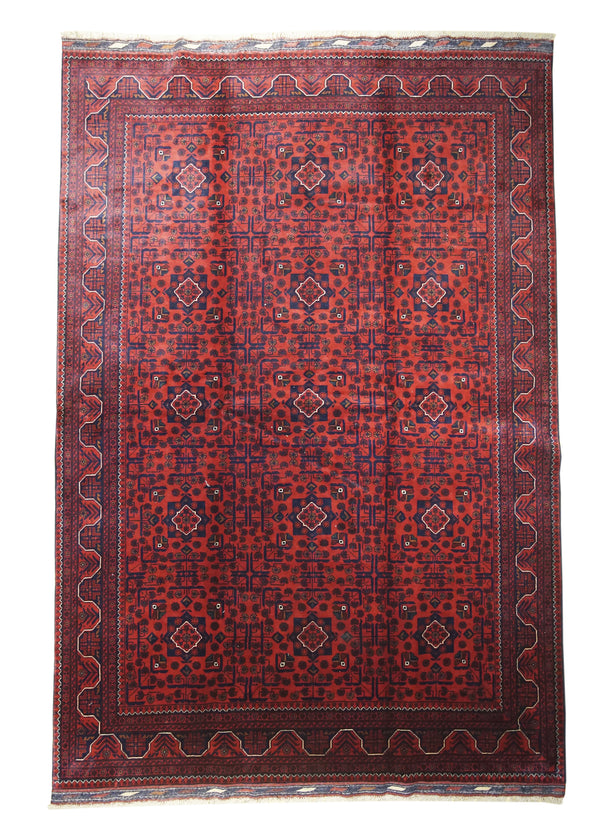 A30492 Oriental Rug Afghan Handmade Area Transitional 6'6'' x 9'5'' -7x9- Red Khal Mohammadi Geometric Design