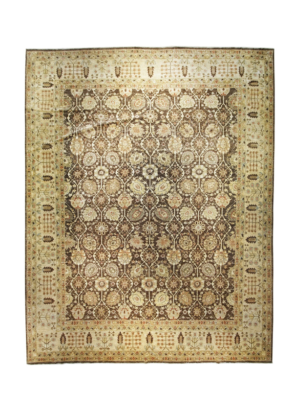 A30513 Oriental Rug Pakistani Handmade Area Transitional 12'0'' x 15'3'' -12x15- Brown Whites Beige Yellow Gold Antique Washed Oushak Floral Design