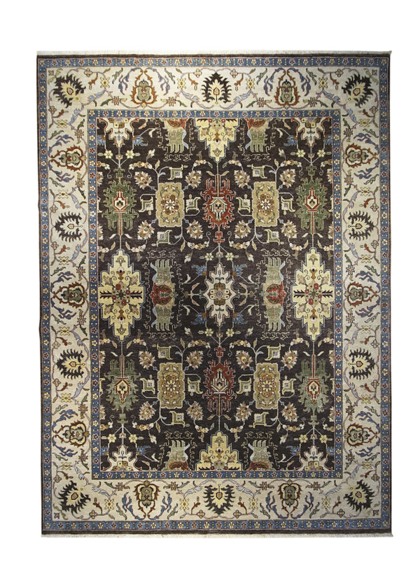 A30545 Oriental Rug Indian Handmade Area Transitional Tribal 8'10'' x 11'11'' -9x12- Brown Whites Beige Green Serapi Geometric Design
