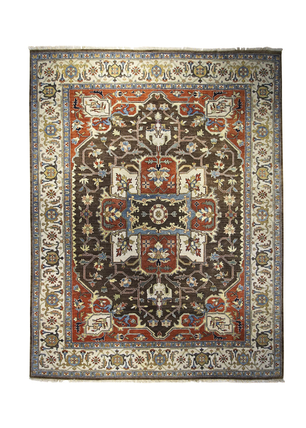 A30548 Oriental Rug Indian Handmade Area Transitional Tribal 8'9'' x 11'7'' -9x12- Brown Whites Beige Red Heriz Geometric Design