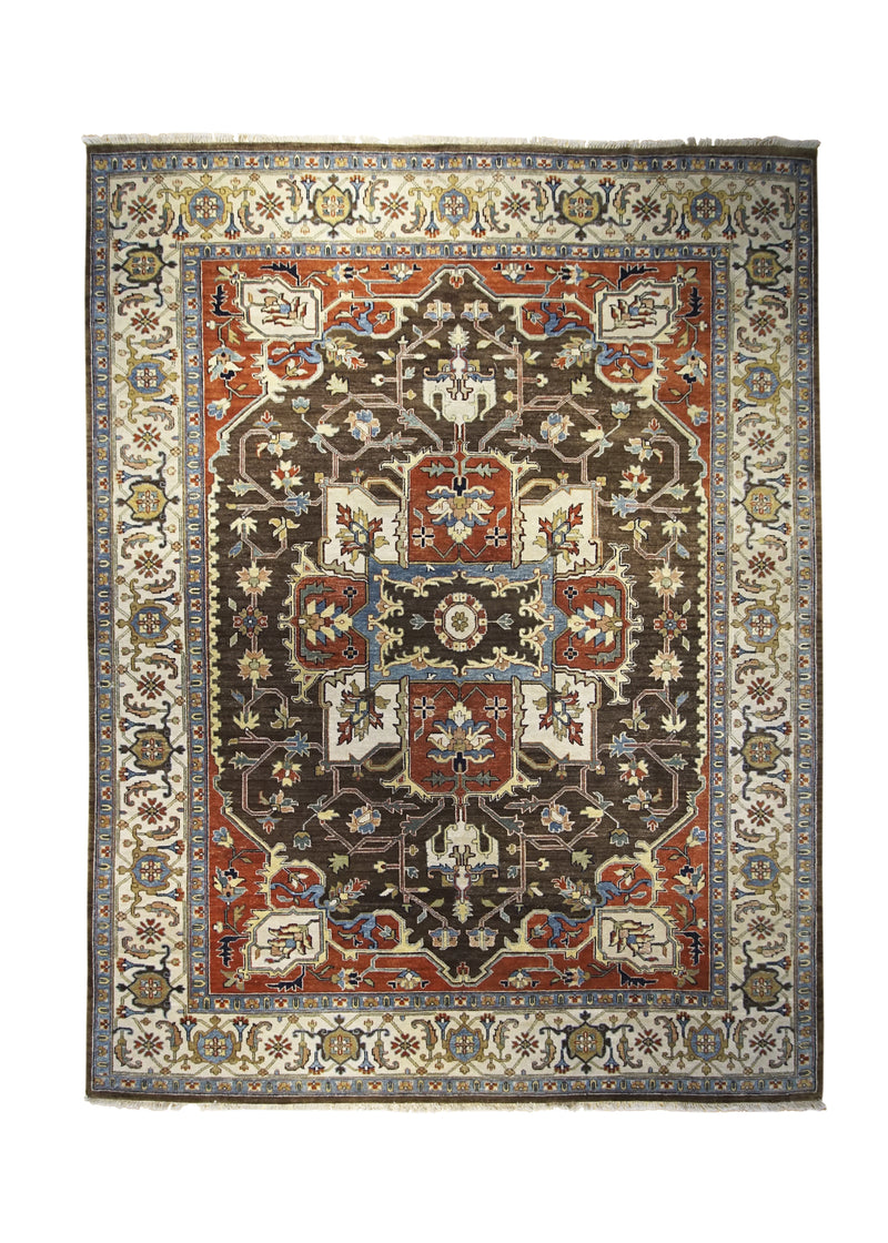 A30548 Oriental Rug Indian Handmade Area Transitional Tribal 8'9'' x 11'7'' -9x12- Brown Whites Beige Red Heriz Geometric Design