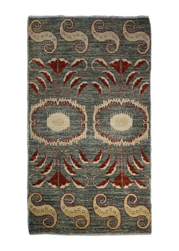 A30601 Oriental Rug Pakistani Handmade Area Transitional 2'1'' x 3'6'' -2x4- Green Red Samarkand Geometric Design