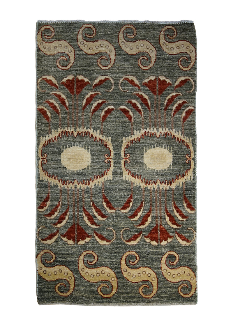 A30601 Oriental Rug Pakistani Handmade Area Transitional 2'1'' x 3'6'' -2x4- Green Red Samarkand Geometric Design