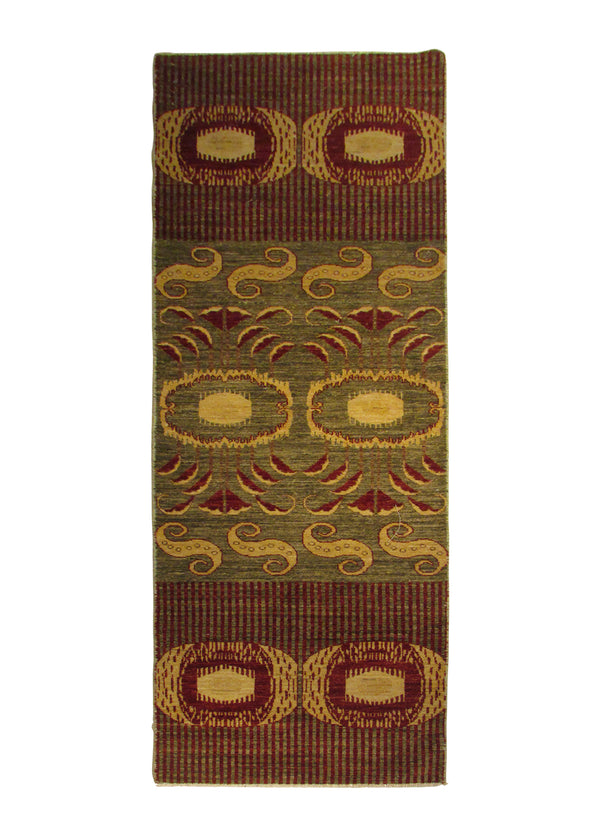 A30604 Oriental Rug Pakistani Handmade Runner Transitional 2'1'' x 7'8'' -2x8- Green Red Samarkand Geometric Design