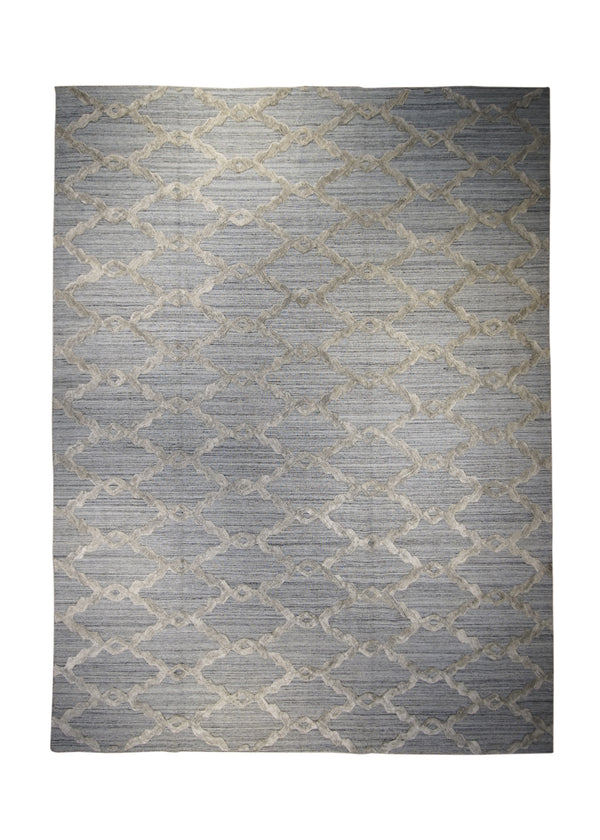 A30707 Oriental Rug Indian Handmade Area Modern Neutral 8'11'' x 11'11'' -9x12- Blue High Low Pile Geometric Design