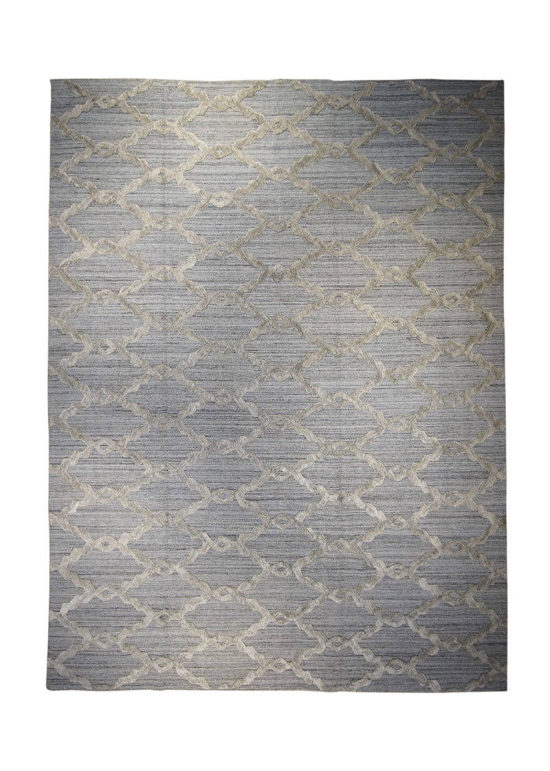 A30707 Oriental Rug Indian Handmade Area Modern Neutral 8'11'' x 11'11'' -9x12- Blue High Low Pile Geometric Design