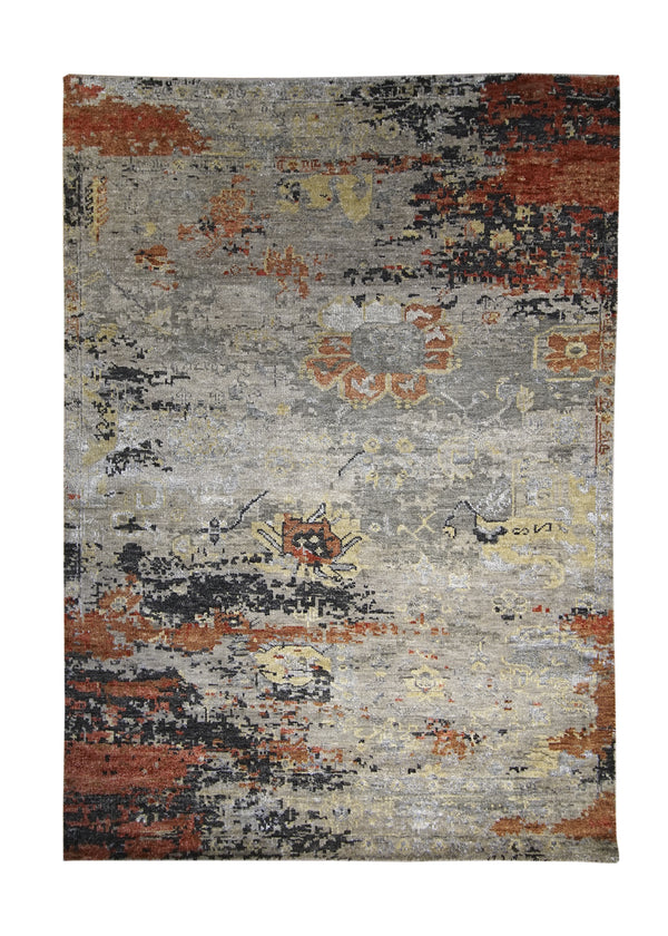 A30716 Oriental Rug Indian Handmade Area Modern 4'2'' x 5'9'' -4x6- Whites Beige Red Erased Floral Abstract Design