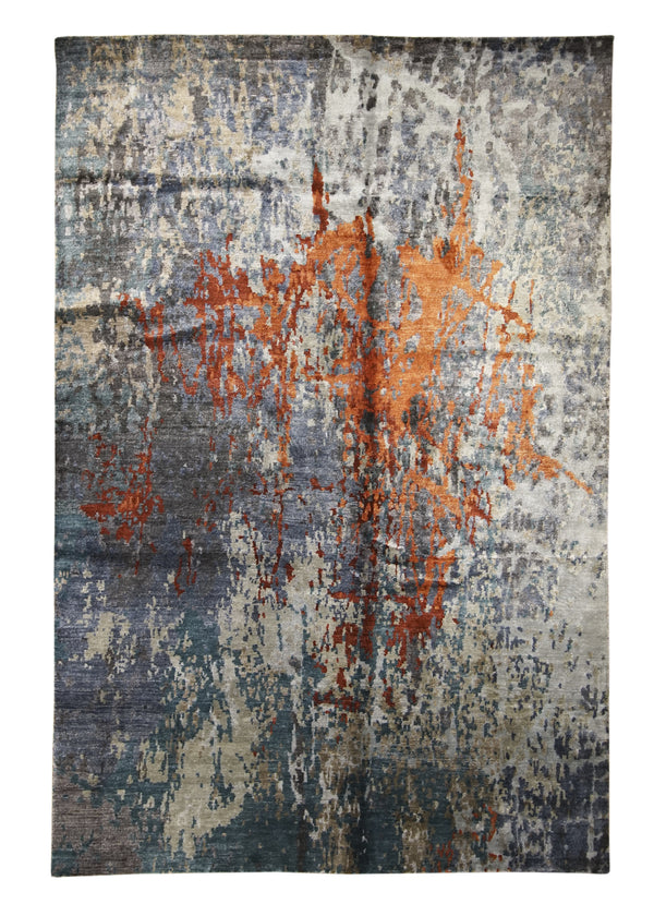 A30746 Oriental Rug Indian Handmade Area Modern 6'1'' x 8'11'' -6x9- Blue Red Splatter Abstract Design