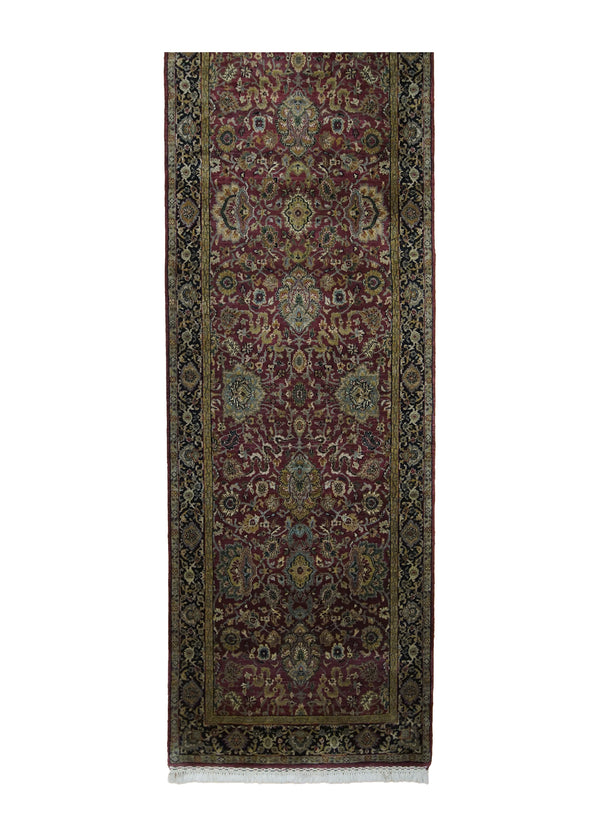 A30758 Oriental Rug Indian Handmade Runner Transitional Traditional 2'11'' x 12'6'' -3x13- Red Black Green Tea Washed Floral Design