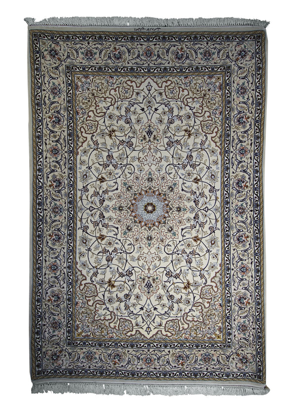A30774 Persian Rug Isfahan Handmade Area Traditional 3'10'' x 5'9'' -4x6- Whites Beige Blue Floral Design