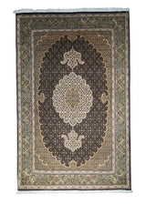 A30777 Persian Rug Tabriz Handmade Area Traditional 3'4'' x 5'2'' -3x5- Black Green Whites Beige Floral Mahi Fish Design