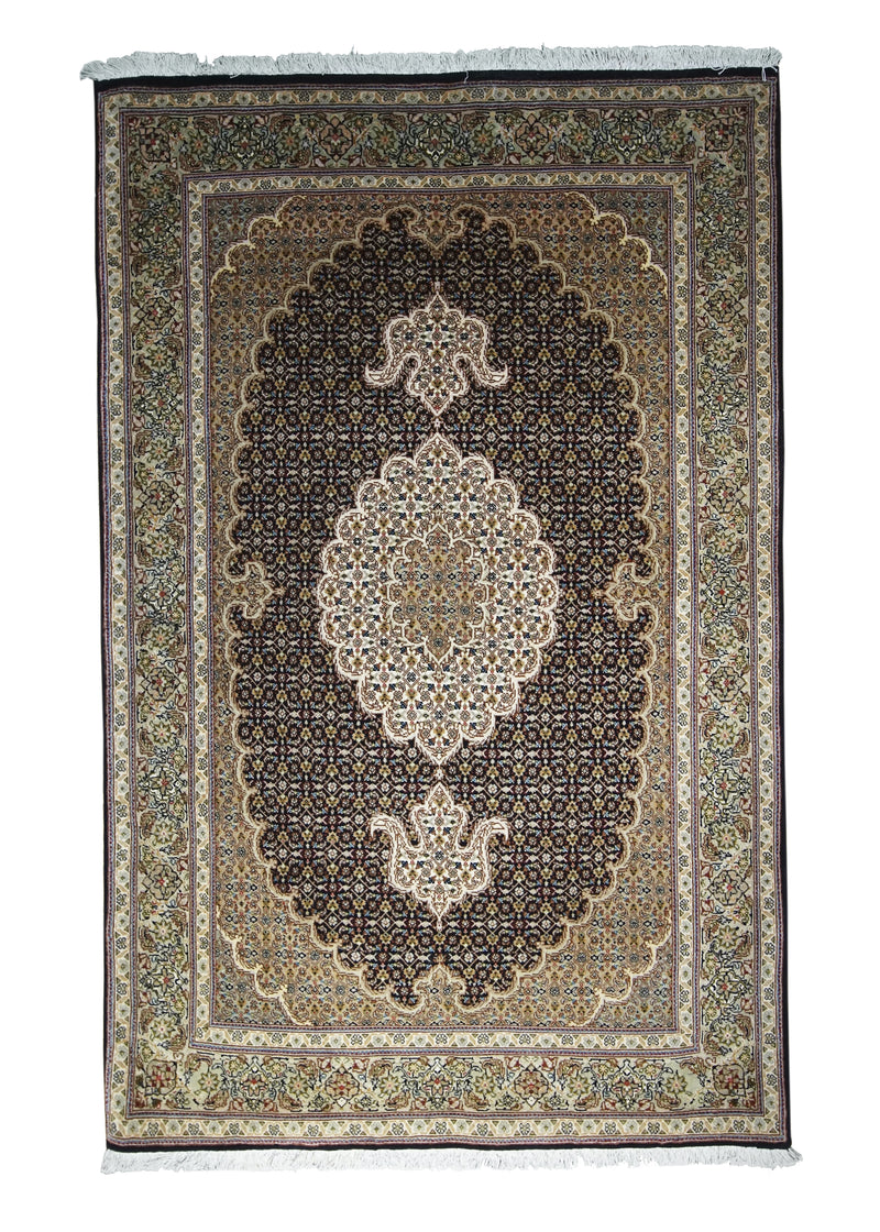 A30777 Persian Rug Tabriz Handmade Area Traditional 3'4'' x 5'2'' -3x5- Black Green Whites Beige Floral Mahi Fish Design