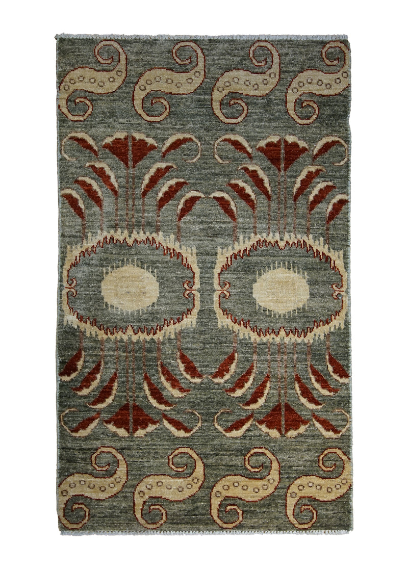 A30789 Oriental Rug Pakistani Handmade Area Transitional 2'0'' x 3'7'' -2x4- Green Red Samarkand Geometric Design