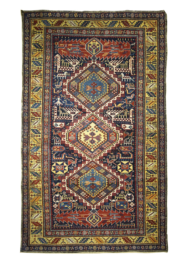 A30812 Caucasian Rug Shirvan Handmade Area Tribal Antique 4'0'' x 6'5'' -4x6- Blue Yellow Gold Red Geometric Design
