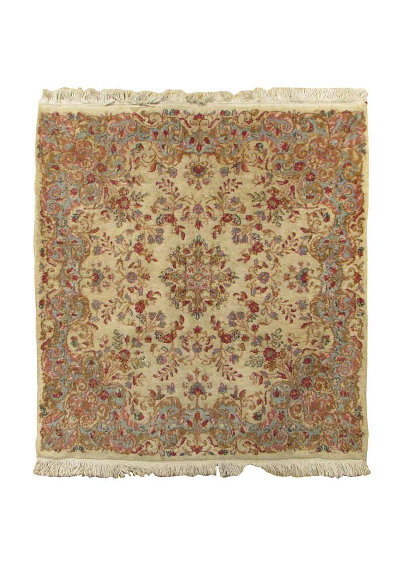 A30821 Persian Rug Lavar Kerman Handmade Square Traditional Antique 2'6'' x 2'7'' -3x3- Whites Beige Floral Design