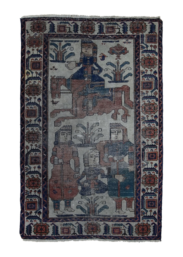 A30840 Persian Rug Malayer Handmade Area Tribal Antique 3'2'' x 5'0'' -3x5- Whites Beige Blue Red Pictorial Design