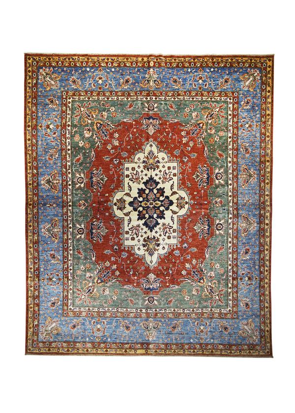 A30875 Oriental Rug Pakistani Handmade Area Transitional Tribal 7'12'' x 9'9'' -8x10- Green Blue Red Kazak Geometric Design